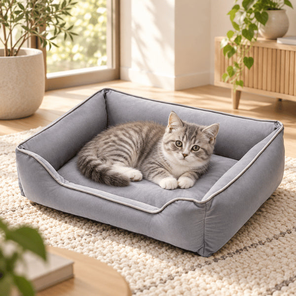 Couchage pour chat gris avec bords protecteurs et matelas épais confortable
