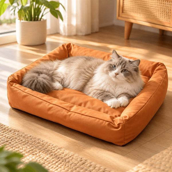 Couchage pour chat orange rectangulaire rembourré accueillant confortablement un grand félin