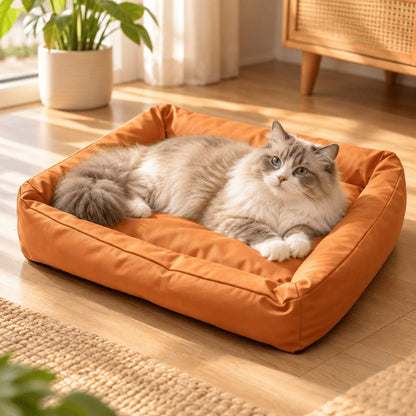 Couchage pour chat orange rectangulaire rembourré accueillant confortablement un grand félin