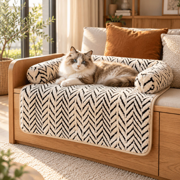 Couchage pour chat zébré installé sur canapé avec rebords latéraux confortables