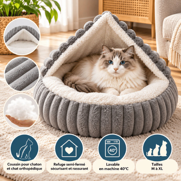 Couchage chaton gris lavable avec refuge semi fermé et base antidérapante