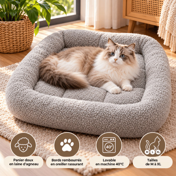 Couchage chats gris avec laine d’agneau chaude et bords rassurants lavables