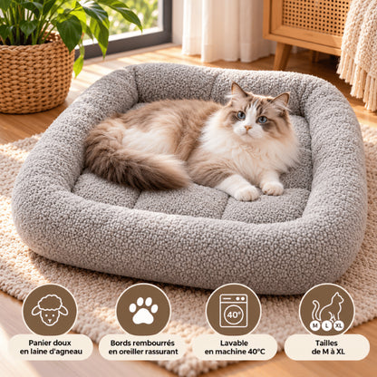 Couchage chats gris avec laine d’agneau chaude et bords rassurants lavables