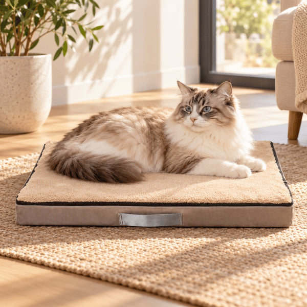Couchage orthopédique chat beige pour grand chat allongé confortablement au repos