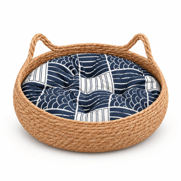 Couchage en osier pour chat avec coussin bleu matelassé et enveloppant