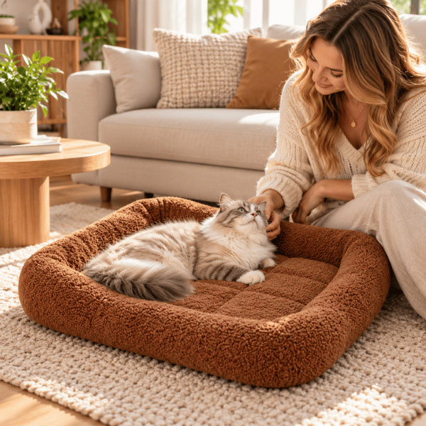 Couchage pour chats marron moelleux avec rebords rassurants pour repos quotidien