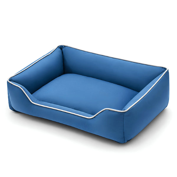 Couffin pour chat bleu rectangulaire avec rebords rembourrés et entrée accessible