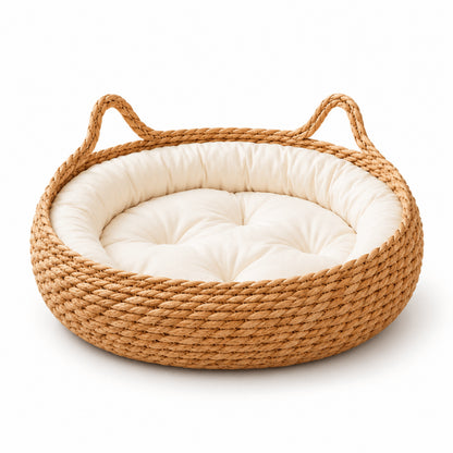 Couffin pour chat en osier naturel avec coussin blanc épais matelassé