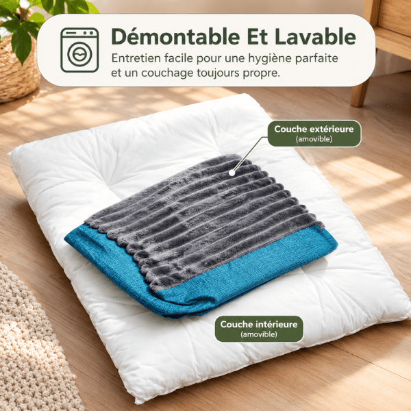 Coussin démontable pour chat avec couche extérieure et garnissage intérieur amovibles
