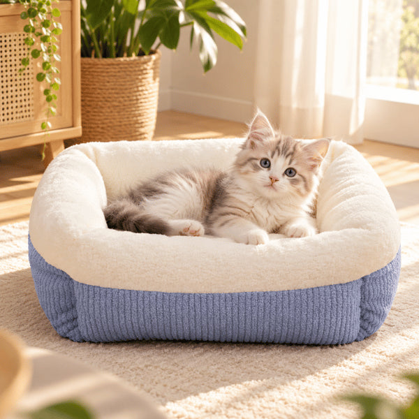 Coussin chaton bleu moelleux avec hauts rebords rembourrés pour soutien confortable