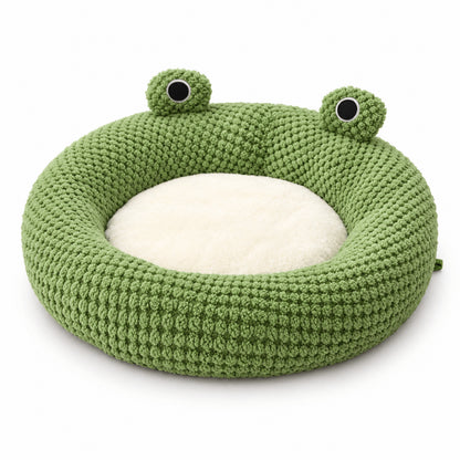 Coussin pour chaton grenouille vert avec centre en fourrure beige et rebords rembourrés