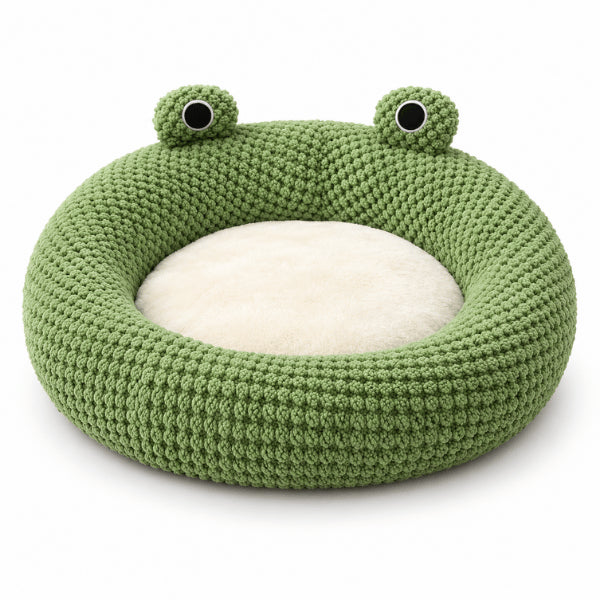 Coussin pour chaton rond vert avec yeux de grenouille et intérieur moelleux