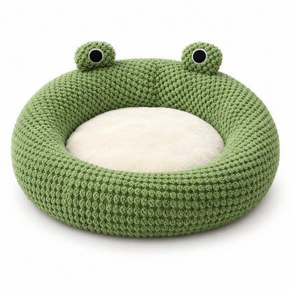 Coussin pour chaton rond vert avec yeux de grenouille et intérieur moelleux