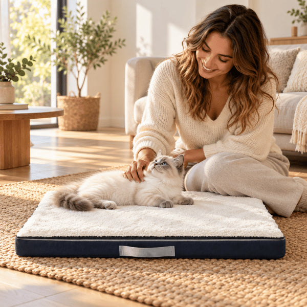Coussin orthopédique chat blanc offrant soutien moelleux pendant les moments de repos