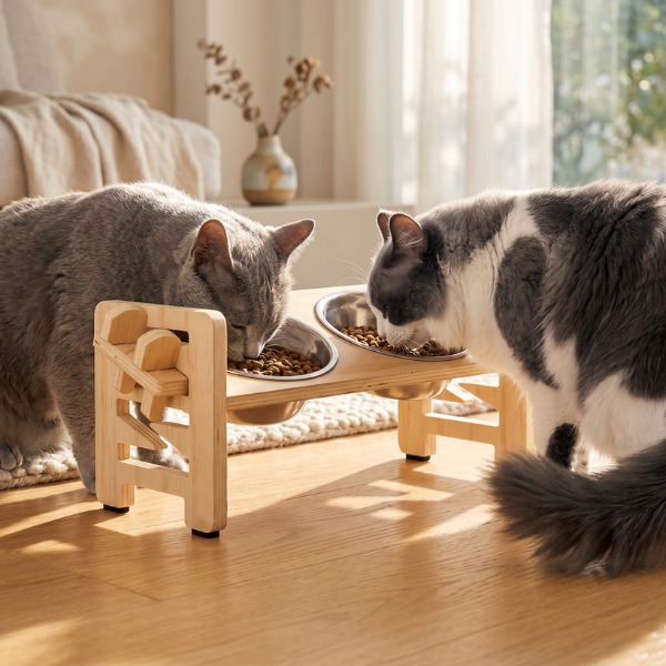 Deux chats mangent confortablement dans gamelle double pour chat surélevée ensemble