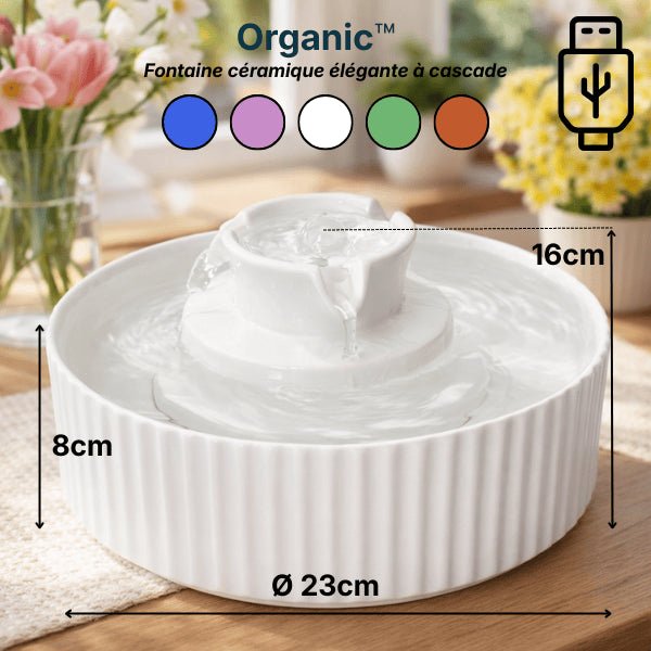 Dimensions de la fontaine à eau chat en céramique ronde avec cinq coloris disponibles - Organic™