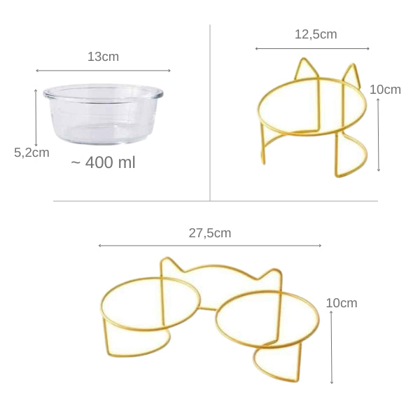 Dimensions gamelle en verre pour chat 400 ml surélevée design simple et double support fer