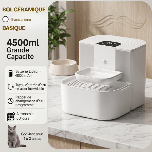 Distributeur à eau pour chat blanc crème avec bol céramique grande capacité 4500 ml