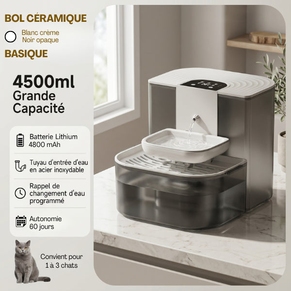 Distributeur à eau pour chat bol céramique 4500 ml autonomie soixante jours noir