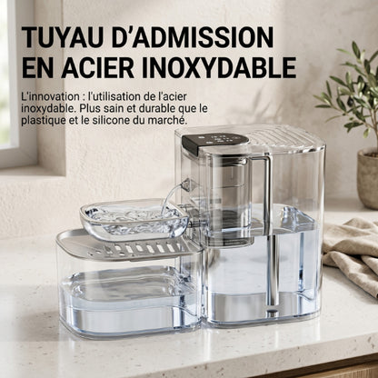 Distributeur à eau pour chat avec circuit inox alimentaire durable garantissant une eau saine
