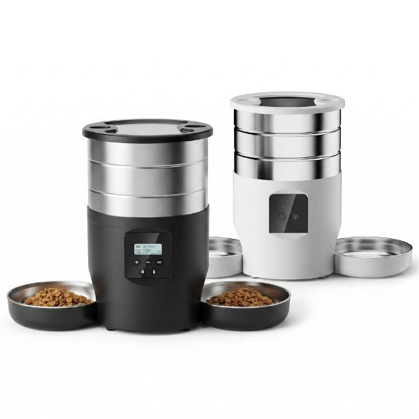 Distributeur automatique croquettes chat double bols inox pour éviter les conflits pendant les repas à distance