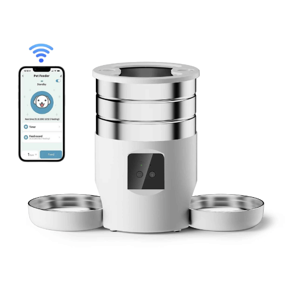 Distributeur automatique croquettes chat wi-fi 2 bols inox blanc | FeederWifi™ - Amour de Chat
