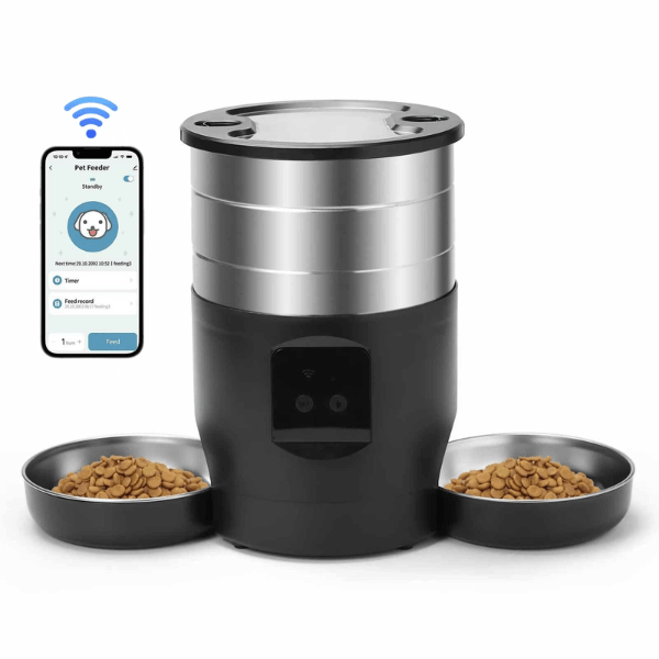 Distributeur automatique croquettes chat wi-fi 2 bols inox noir | FeederWifi™ - Amour de Chat