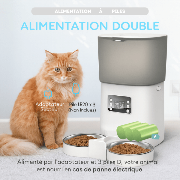 Distributeur automatique de croquettes chat batterie double piles prise | TwinBowl Feeder™