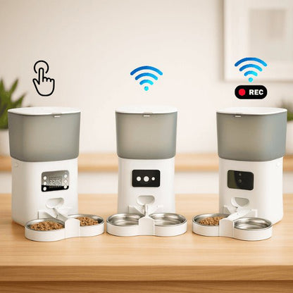 Distributeur automatique de croquettes chat connecté programmable blanc wifi bouton ou vidéo TwinBowl Feeder™