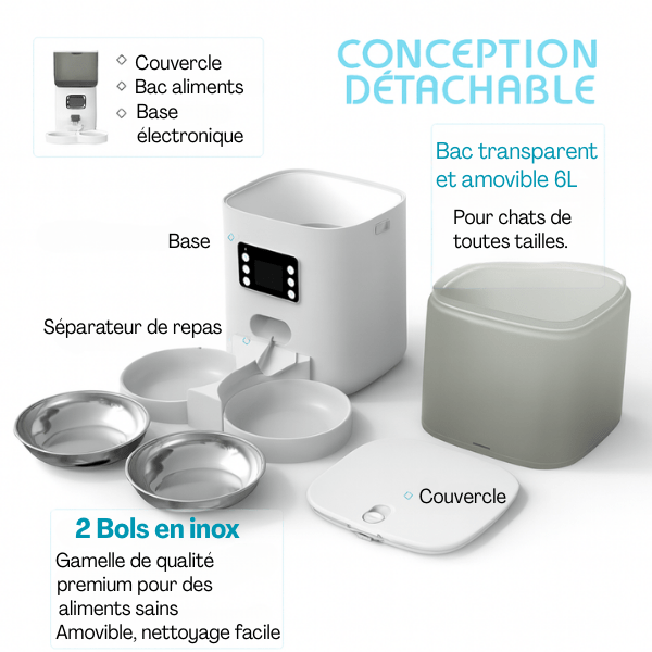 Distributeur automatique de croquettes chat innovant compact détachable 2 bols | TwinBowl Feeder™