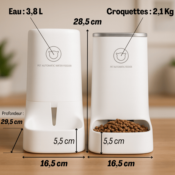 Distributeur croquette chat 2,1kg et eau 3,8l par gravité sans électricité dimensions par 2 DesignFeed™