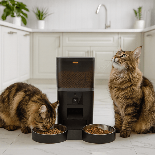 Distributeur croquette chat automatique 2 bol 2 chats mangent dans cuisine | Station FullControl™ - Amour de Chat