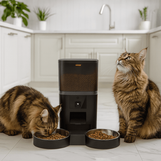 Distributeur croquette chat automatique 2 bol 2 chats mangent dans cuisine | Station FullControl™ - Amour de Chat