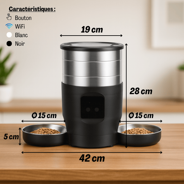 Distributeur croquette chat automatique 2 bols inox programmable bouton wifi dimensions FeederWifi™