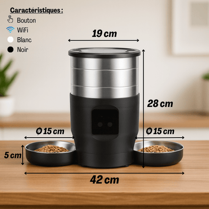 Distributeur croquette chat automatique 2 bols inox programmable bouton wifi dimensions FeederWifi™