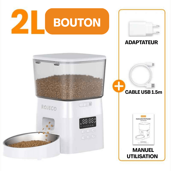 Distributeur croquette chat automatique bol inox bouton blanc | MiniFeed™