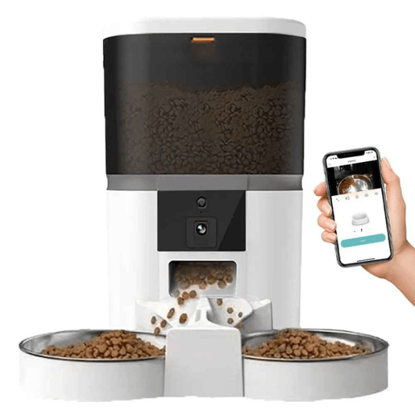 Distributeur croquette chat automatique caméra 2 bols toutes options blanc | Station FullControl™ - Amour de Chat