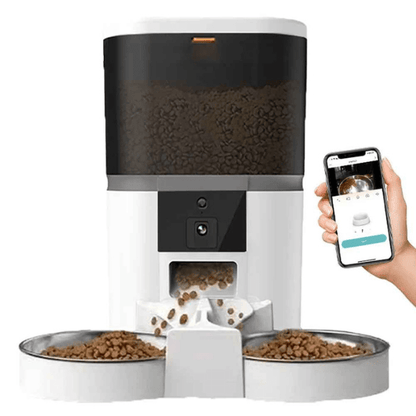 Distributeur croquette chat automatique caméra 2 bols toutes options blanc | Station FullControl™ - Amour de Chat
