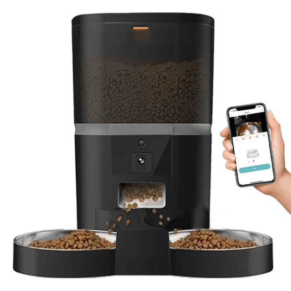 Distributeur croquette chat automatique caméra 2 bols toutes options noir | Station FullControl™ - Amour de Chat