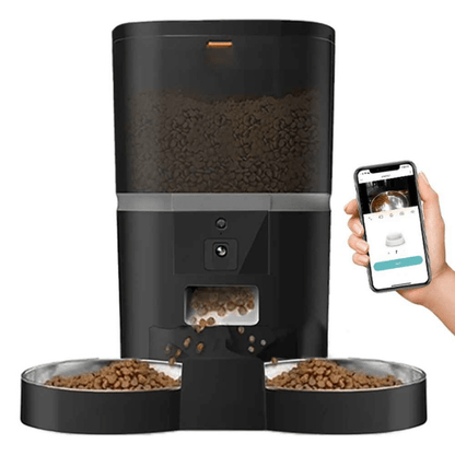 Distributeur croquette chat automatique caméra 2 bols toutes options noir | Station FullControl™ - Amour de Chat