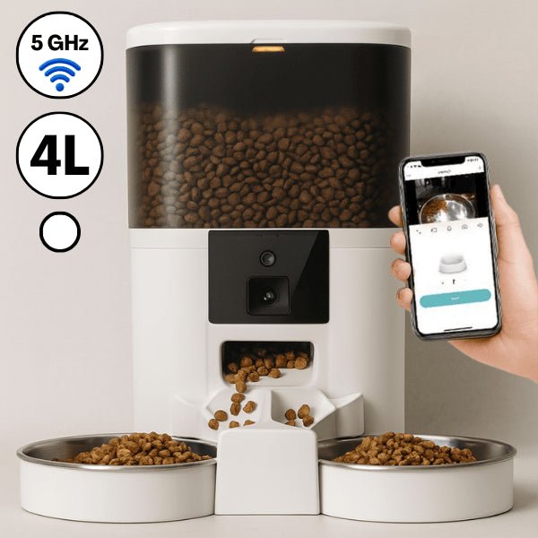 Distributeur croquette chat automatique connecté blanc 4 L 2 bols 5 GHz