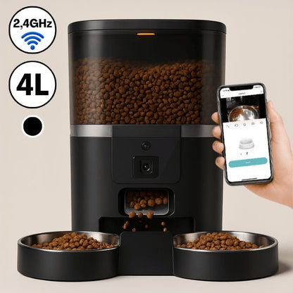Distributeur croquette chat automatique connecté noir 4 L 2 bols 2,4 GHz