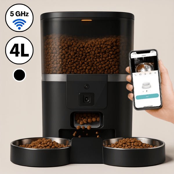Distributeur croquette chat automatique connecté noir 4 L 2 bols 5 GHz