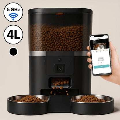 Distributeur croquette chat automatique connecté noir 4 L 2 bols 5 GHz