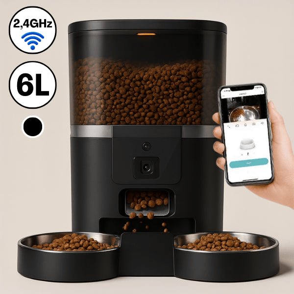 Distributeur croquette chat automatique connecté noir 6 L 2 bols 2,4 GHz