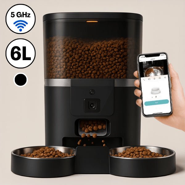 Distributeur croquette chat automatique connecté noir 6 L 2 bols 5 GHz
