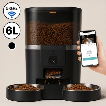 Distributeur croquette chat automatique connecté noir 6 L 2 bols 5 GHz
