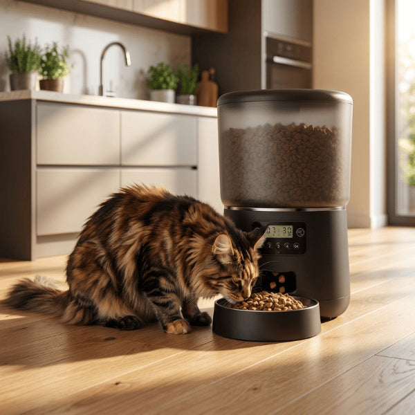 Distributeur croquette automatique servant repas programmés au chat sans stress quotidien