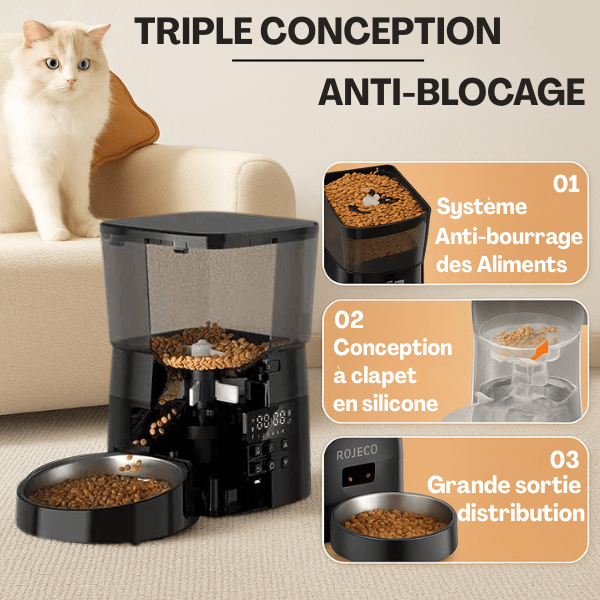 Distributeur croquette chat automatique triple conception anti blocage | MiniFeed™