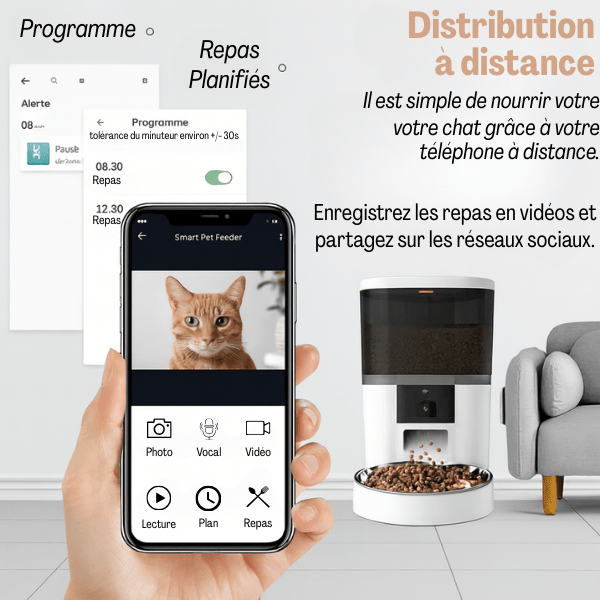 Distributeur croquette chat automatique ultraconnecté caméra photo voix enregistrement | Station FullControl™ - Amour de Chat